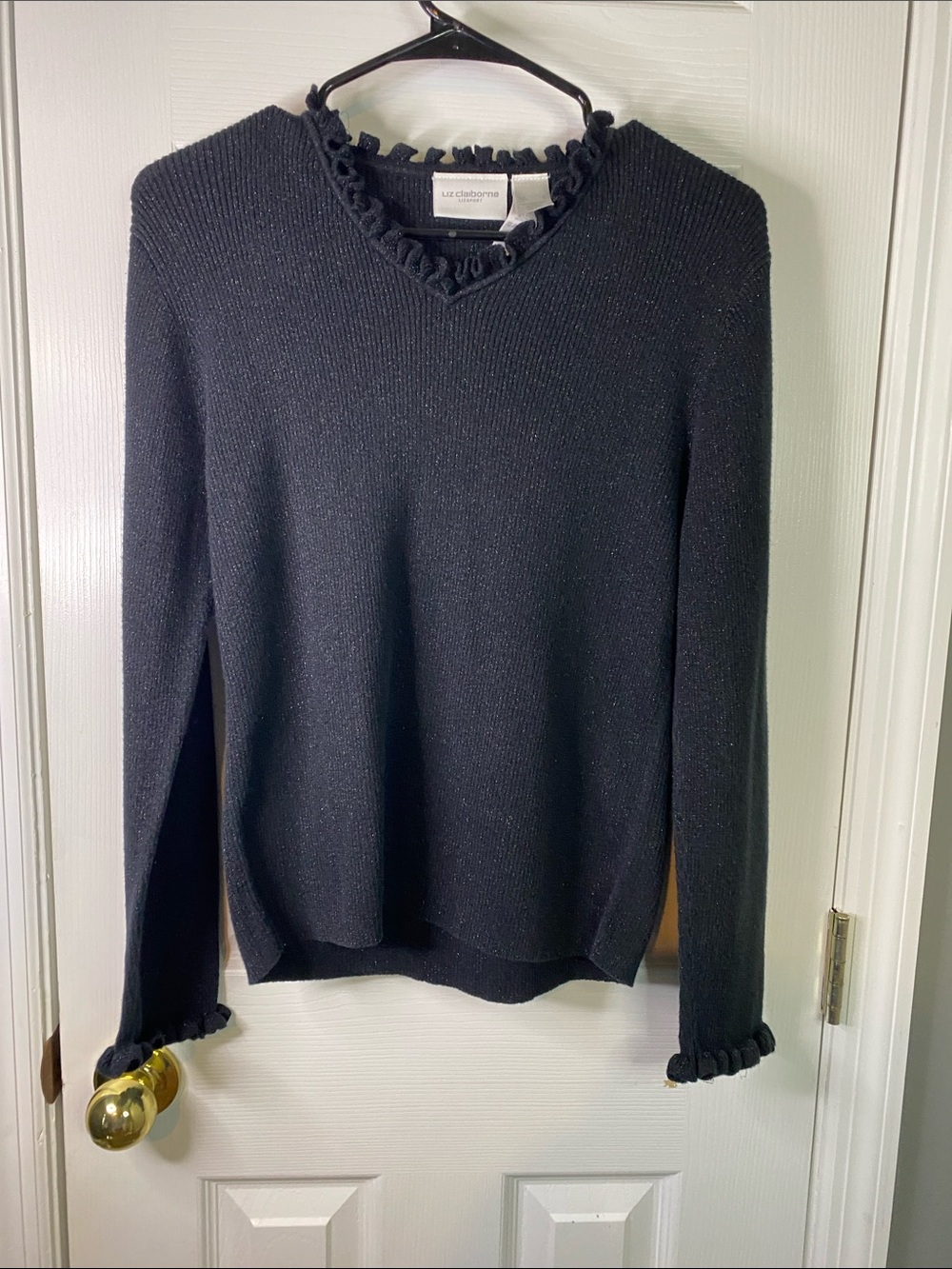 Liz Claiborne Black V-Neck Sweater with Ruffle Trim Size Large.